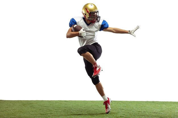 In jump, flight. American football player isolated on white with copyspace