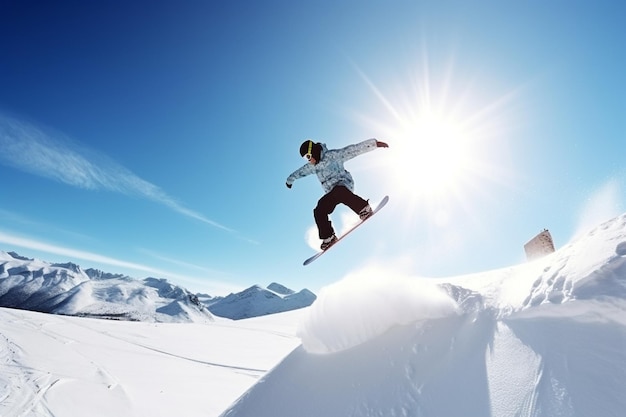 Jumping snowboarder on snowboard in mountains AI generative