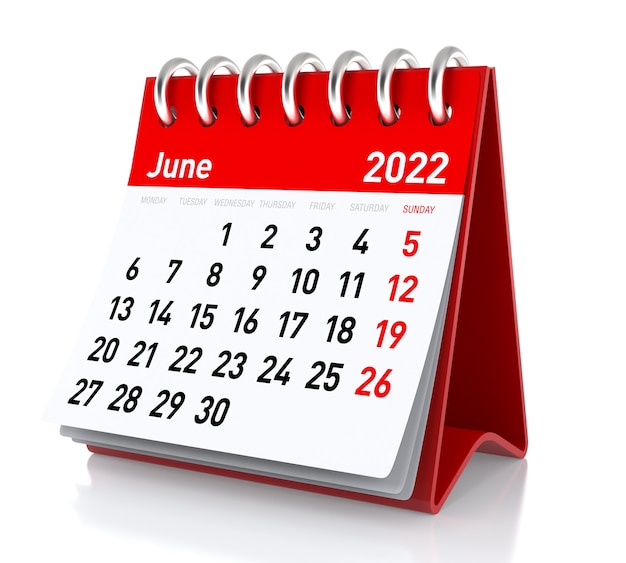 2022年6月のカレンダー。白い背景で隔離。 3dイラストレーション Premium写真