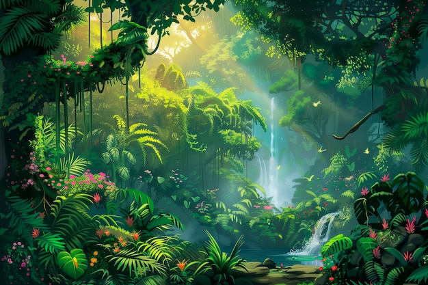Цифровая художественная иллюстрация пейзажа джунглей
