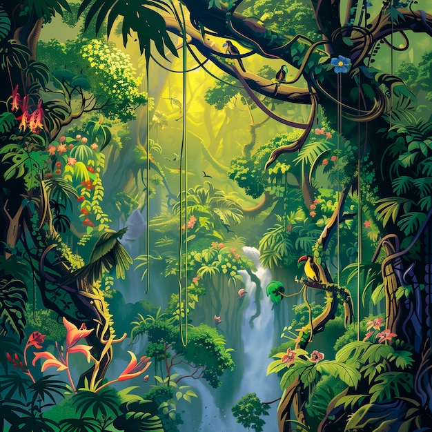 Цифровая художественная иллюстрация пейзажа джунглей