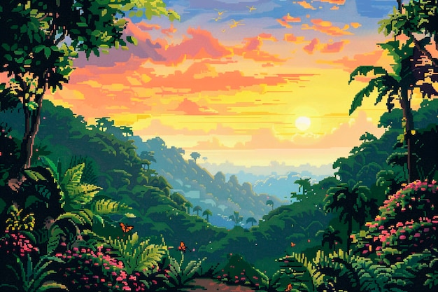 Free photo jungle landscape in pixel art style