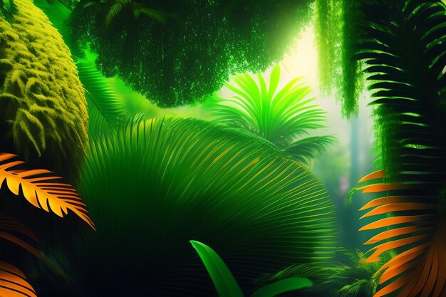 A jungle scene with tropical plants and the word jungle on it