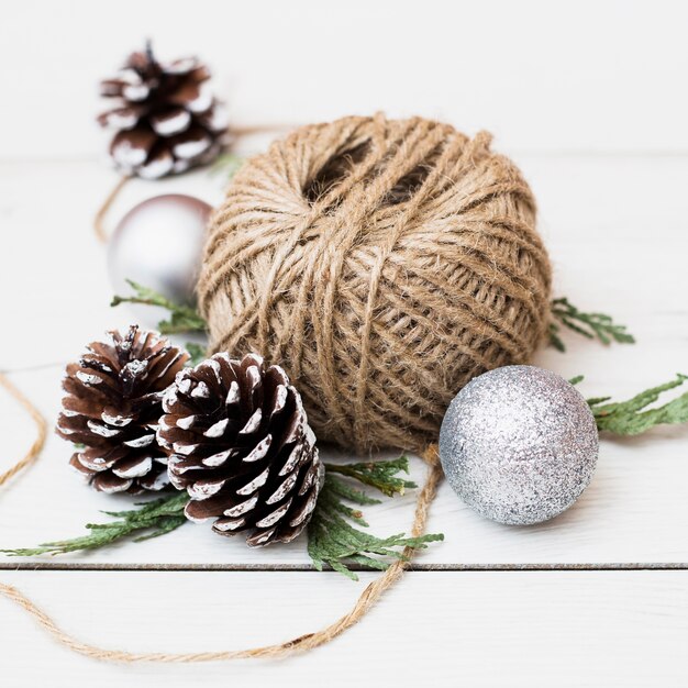 Jute rope bobbin between Christmas decorations