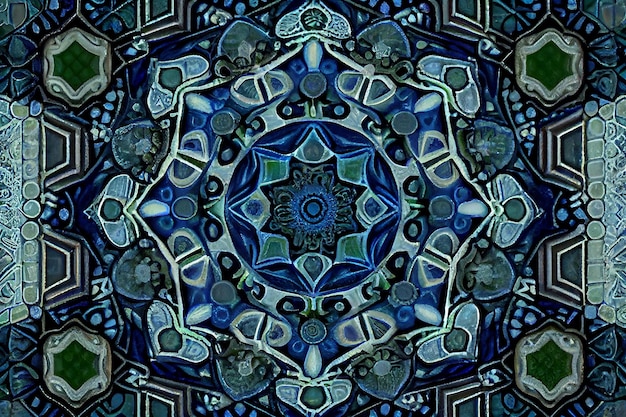 A kaleidoscope of blue and green colors is displayed in a mosaic pattern.
