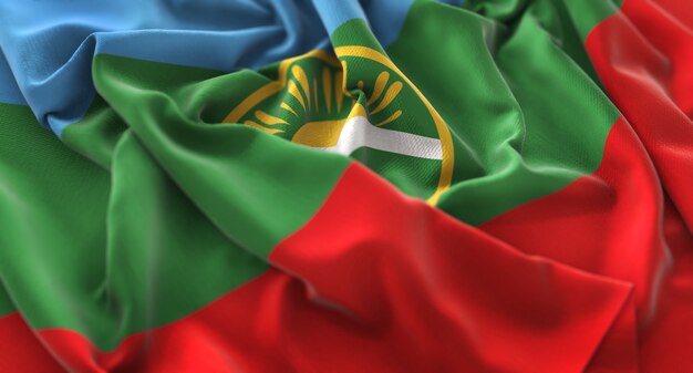 Karachay-Cherkessia Flag Ruffled Beautifully Waving Macro Close-Up Shot