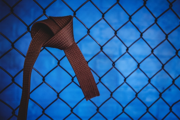 Karate brown belt hanging on wire mesh fence