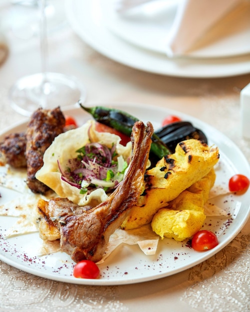 Kebab plate with tikka lula potato and vegetables kebab