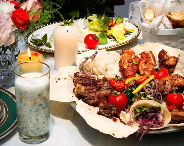 Kebab set with fried vegetables and dovga