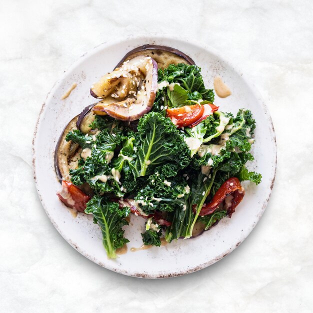 Keto salad with roasted eggplant and kale