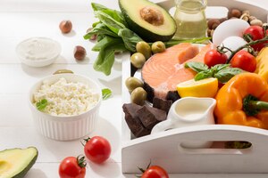 Кетогенная диета с низким содержанием углеводов - выбор продуктов на белой стене