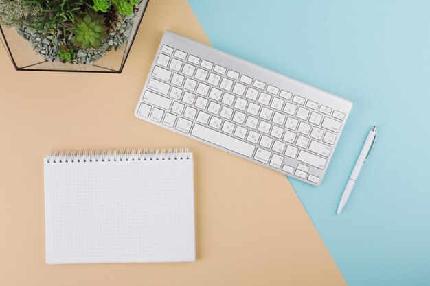 Keyboard with blank notebook and plant