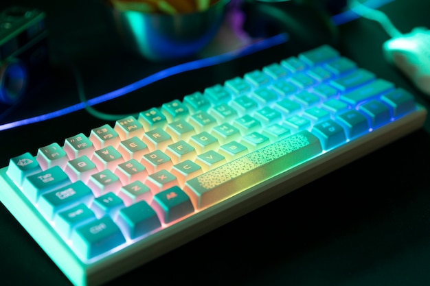 Keyboard with neon lights high angle