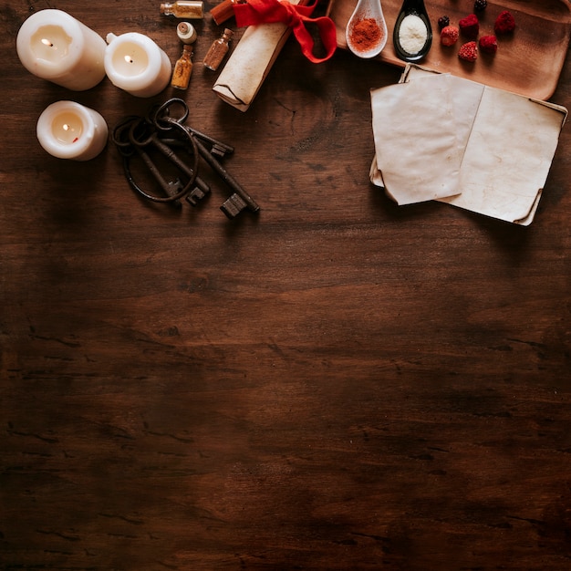 Keys near candles and ingredients