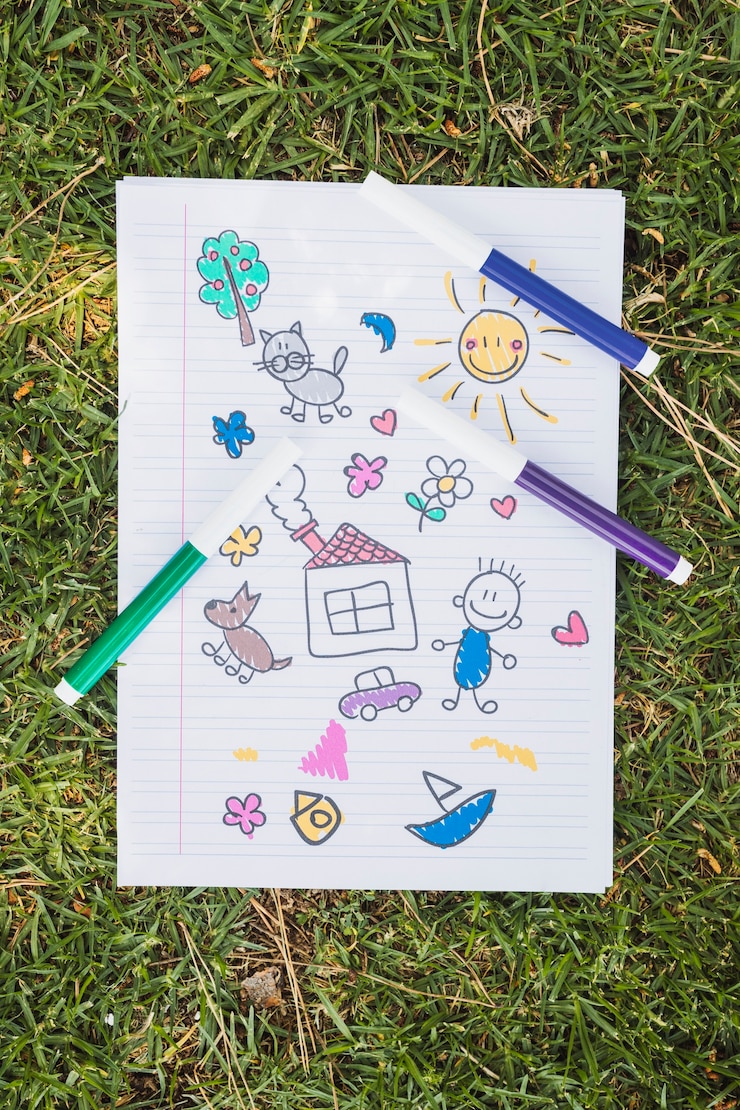Free Photo kid drawing on green grass