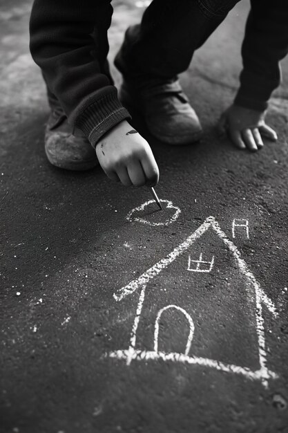 Ребёнок рисует дом с мелом на полу на открытом воздухе