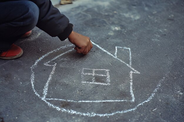 Мальчик рисует дом мелом на полу.