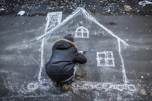 Kid drawing house with chalk on the road