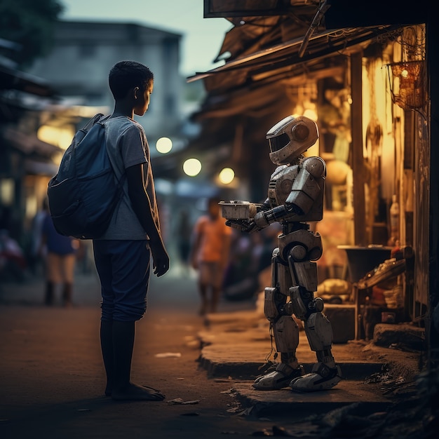 Kid  hanging out with robot
