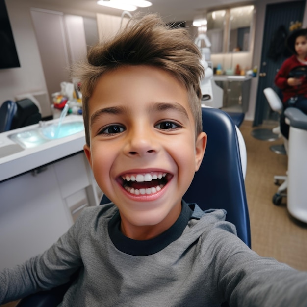 Foto gratuita un bambino felice e sorpreso in una clinica dentistica