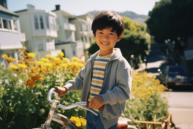 Foto gratuita ragazzo che si diverte con le biciclette