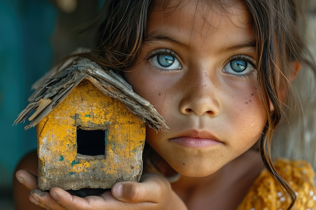 Foto gratuita ragazzo con una casa di giocattoli in miniatura in legno