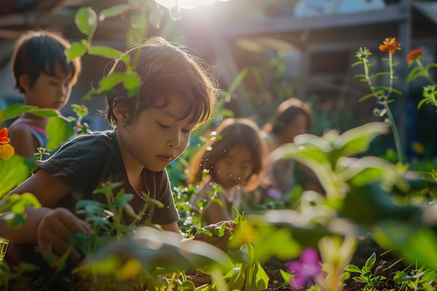 Free photo kid learning to garden