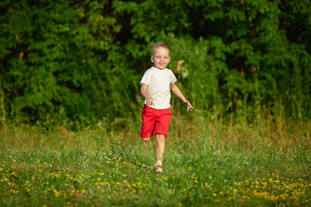 Малыш, маленький мальчик, бегущий по лугу в летнем солнечном свете