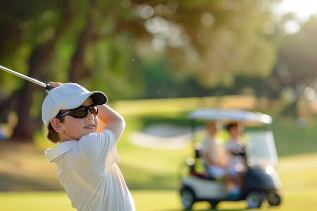 Foto gratuita ragazzo che gioca a golf in un ambiente fotorealistico