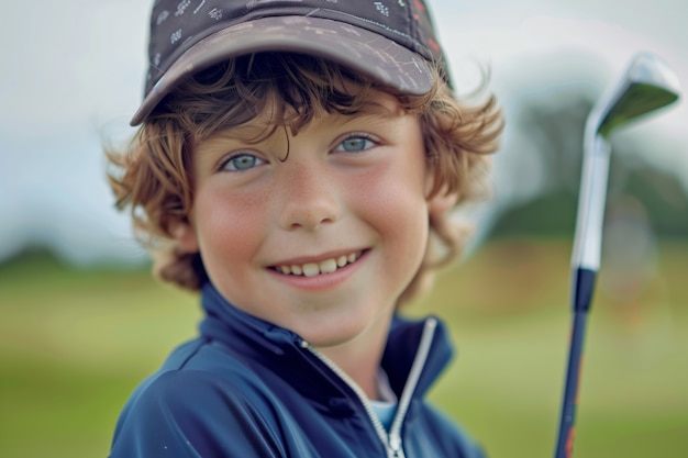 Free photo kid playing golf in photorealistic environment