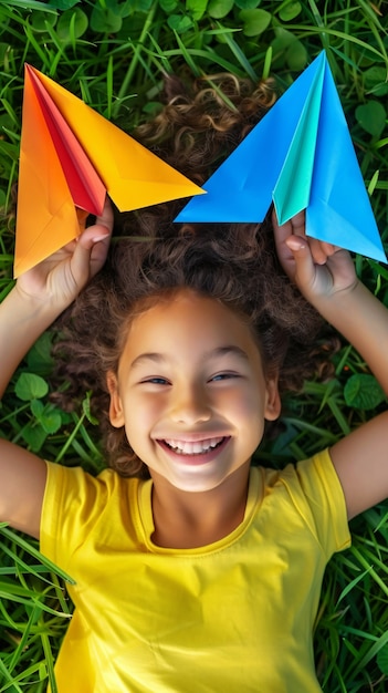 Free photo kid playing with paper plane