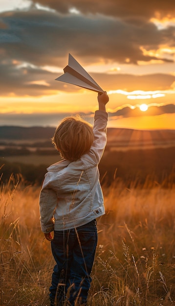 Free photo kid playing with paper plane