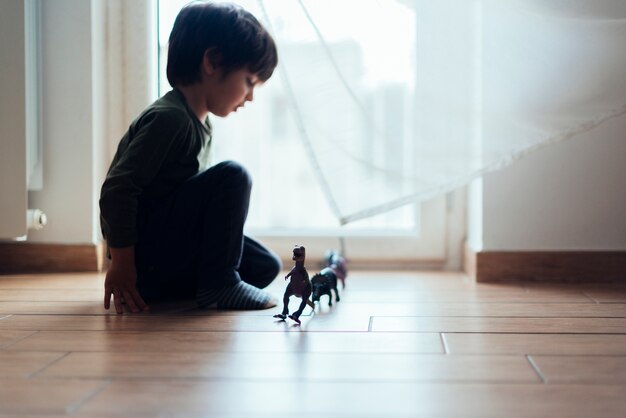 Kid playing with toy dinosaurs