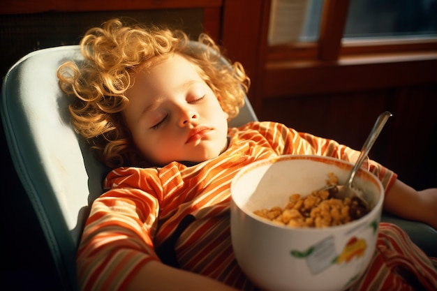 Free photo kid sleeping with food