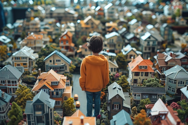 Ребёнок, окруженный крошечными домами.