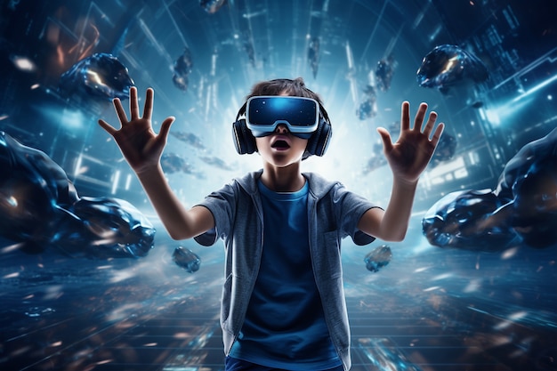 Kid with vr glasses experiencing metaverse