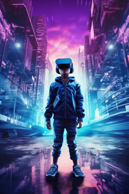 Ребенок в очках виртуальной реальности в футуристическом городе