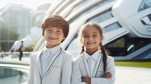 Foto gratuita bambini in aula scolastica futuristica astratta