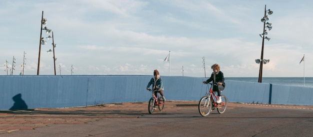 Kids on bikes outdoors having fun