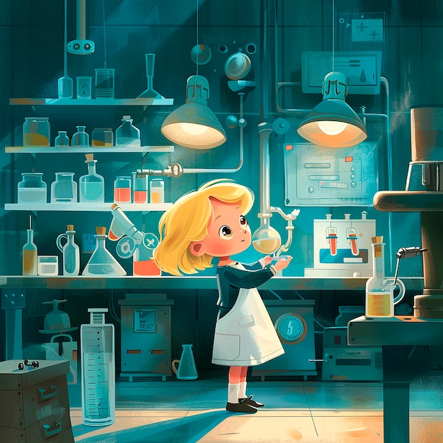 Kids chemistry laboratory cartoon illustration