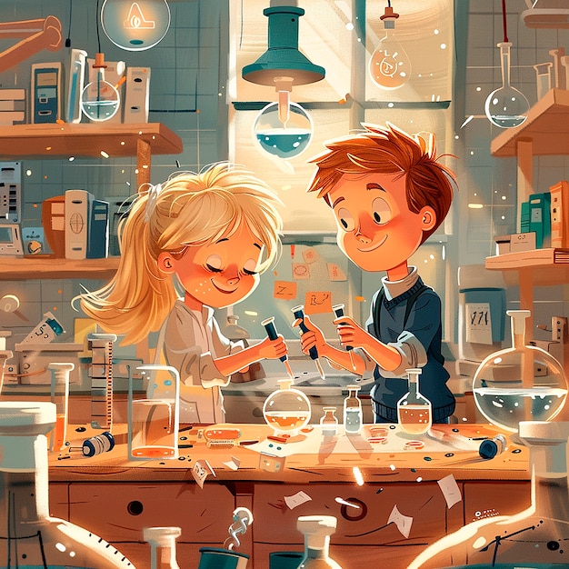 Free photo kids chemistry laboratory cartoon illustration