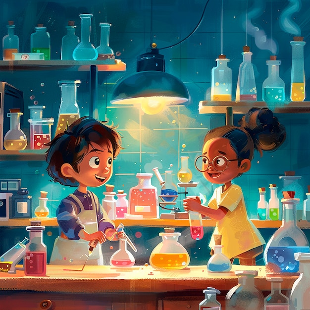 Foto gratuita illustrazione di cartoni animati di laboratorio di chimica per bambini