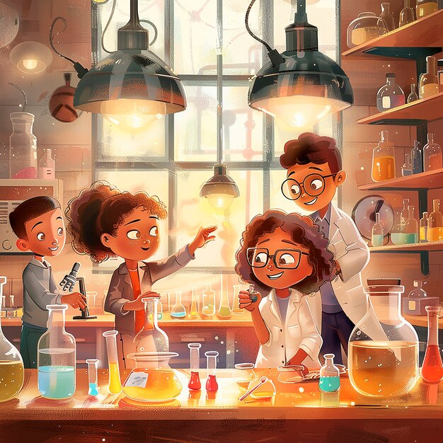Kids chemistry laboratory cartoon illustration