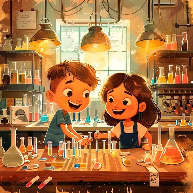 Kids chemistry laboratory cartoon illustration