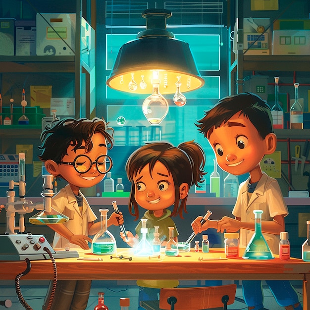 Foto gratuita illustrazione di cartoni animati di laboratorio di chimica per bambini