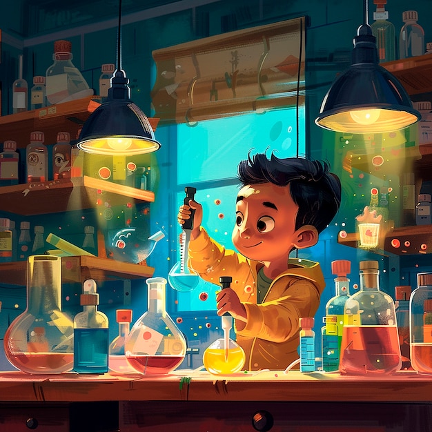 Foto gratuita illustrazione di cartoni animati di laboratorio di chimica per bambini
