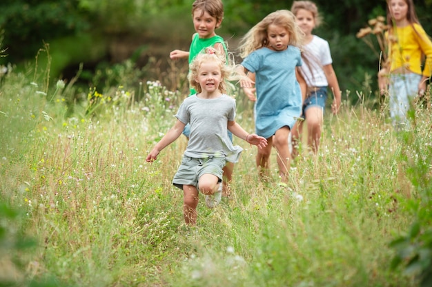 子供たち、緑の牧草地で走っている子供たち