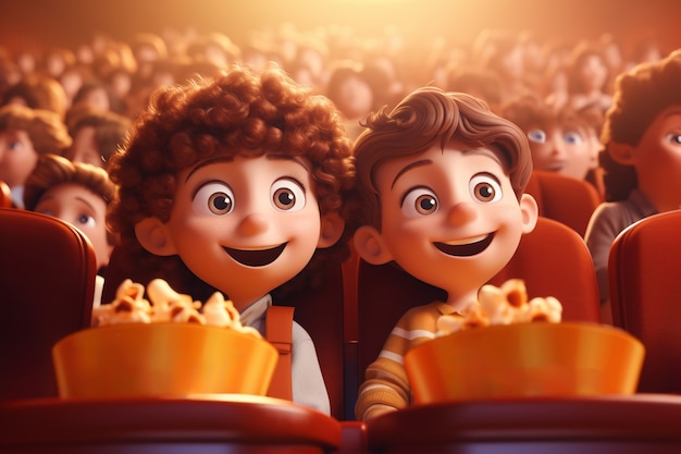 映画館でポップコーンで映画を見ている子供たち