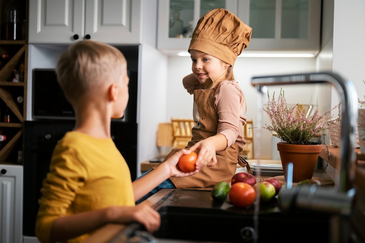 Free Photo kids cooking and having fun at home
