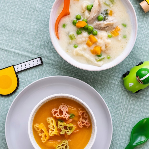 Foto gratuita cibo per bambini, zuppa di carote e zuppa di pollo